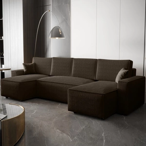 Narożnik z funkcją spania Nelo U brązowy komfortowy i nowoczesny narożnik z pojemnikiem na pościel sztruksowa prążkowana tkanina