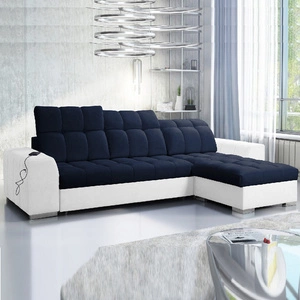 Narożnik z funkcją spania Luigi granatowy / biały prawostronny narożnik z dwoma pojemnikami na pościel tkanina o ciekawej strukturze