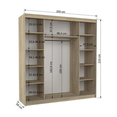 Szafa przesuwna z lustrem Dalmatia 200 cm biały / czarny solidne wykonanie stylowe wykończenie szafy do przedpokoju lub sypialni