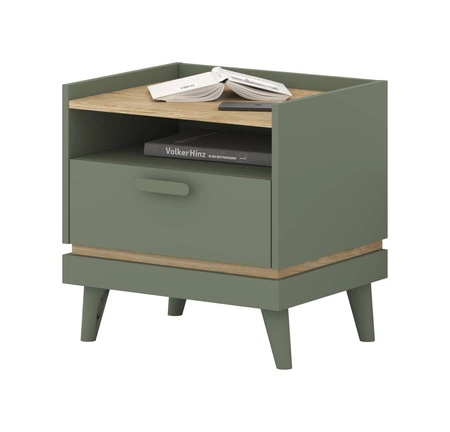 Szafka nocna Scandia zielona / dąb olejowany nowoczesny design szafki z szufladą osadzonej na wysokich nogach idealna do sypialni