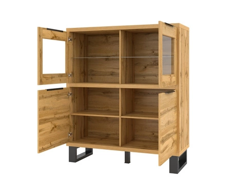 Komoda Halle 120 cm dąb wotan funkcjonalna idealna do wnętrz w stylu loftowym wysoka komoda z przeszkleniem na metalowej podstawie