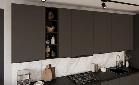 Zestaw mebli kuchennych Aversa Bl 390 cm stylowe szafki kuchenne z frontami wykonanymi w technologii anti fingerprint metalowe uchwyty