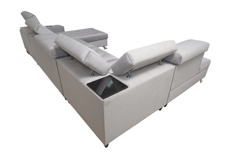 Narożnik z funkcją spania Hampton VI kwarcowy róż prawostronny funkcjonalny narożnik do salonu z ruchomą dostawką oraz półką