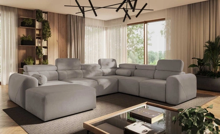 Narożnik z funkcją spania Cantare VIII szary popiel lewostronny gustowny narożnik z regulowanymi zagłówkami pojemniki na pościel