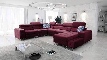 Narożnik z funkcją spania Hampton VIII bordowy prawostronny nowoczesny design narożnik rozkładany do salonu funkcjonalna dostawka