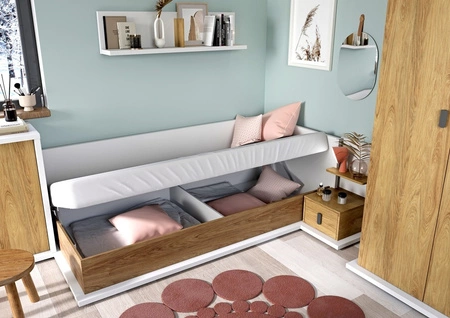 Łóżko Simi 90x200 cm biały / hikora naturalna prawostronne wygodne łóżko w stylu nowoczesnym tapczan z pojemnikiem na pościel