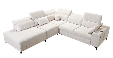 Narożnik z funkcją spania Penejos IX niebieski lewostronny stylowy narożnik z pojemnikami na pościel wygodne regulowane zagłówki