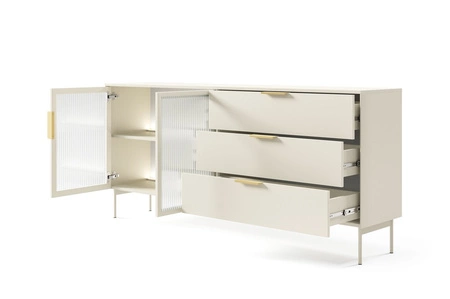 Komoda z szufladami Lumi 181 cm beżowa stylowa komoda z designerskimi przeszklonymi frontami metalowa podstawa i uchwyty krawędziowe