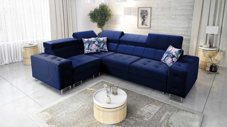 Narożnik z funkcją spania Hampton II granatowy lewostronny stylowy narożnik rozkładany miękka tkanina obiciowa typu velvet