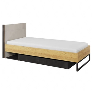 Łóżko Teen Flex 90x200 cm hikora naturalna / silk flou / raw steel komfortowe łóżko z dużą szufladą na pościel wysoki zagłówek z półką