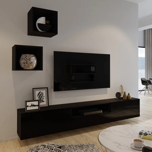 Meblościanka Mistra czarna / czarny połysk uniwersalna i stylowa meblościanka do salonu minimalistyczny design w nowoczesnej aranżacji