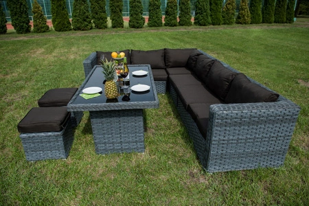 Zestaw mebli ogrodowych Maestoso szary niebanalny design modułowy narożnik ogrodowy komplet technorattanowy z dużym stołem i pufami