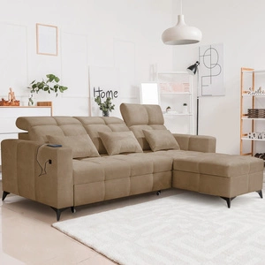 Narożnik z funkcją spania Laredo ciemny beżowy prawostronny komfortowy i stylowy narożnik rozkładany z pojemnikiem na pościel