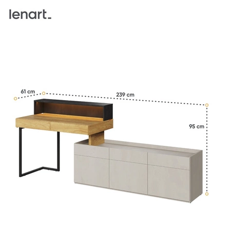 Biurko z nadstawką i szafką Teen Flex 239 cm hikora naturalna / silk flou / raw steel funkcjonalne biurko możliwość narożnego montażu