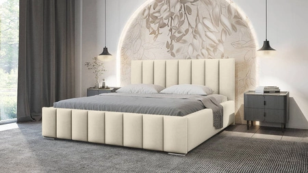 Łóżko tapicerowane Foggo 160x200 beżowe stylowe łóżko z pojemnikiem na pościel wygodny zagłówek zachwyca eleganckim designem