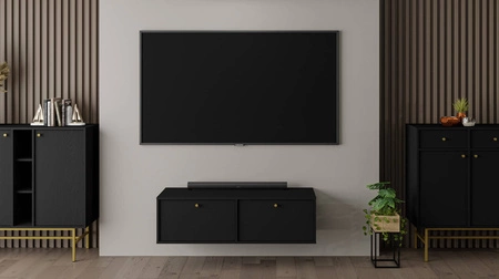 Szafka RTV Kioto IV 121 cm czarny grafit elegancka szafka pod telewizor z drzwiami otwieranymi do dołu złote metalowe uchwyty