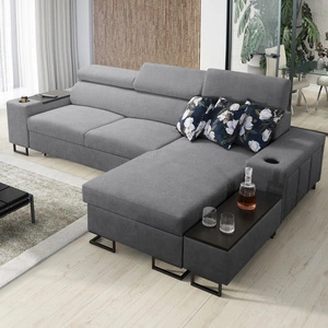Narożnik z funkcją spania Flavio szary prawostronny komfortowy elegancki narożnik z dostawką otwierany barek w boczku mebla