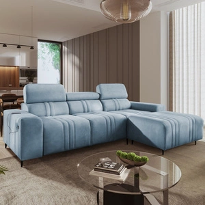 Narożnik z funkcją spania Castel błękitny prawostronny komfortowy i stylowy narożnik rozkładany z pojemnikiem na pościel