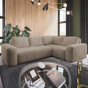 Narożnik z funkcją spania Bovec II ciemny beżowy prawostronny komfortowy narożnik o stylowym charakterze pojemnik na pościel