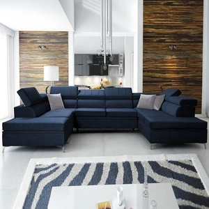 Narożnik z funkcją spania Rava VIII granatowy prawostronny elegancki design gustowna bryła z gwarancją komfortu miękka tkanina