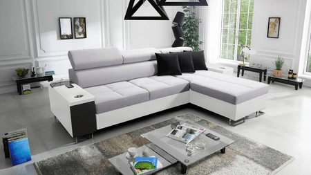 Narożnik z funkcją spania Dafni szary popiel / biały prawostronny pleciony komfort i funkcjonalność podczas codziennego wypoczynku