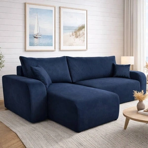 Narożnik z funkcją spania Fiesta granatowy uniwersalny w ustawieniu narożnik do salonu wytrzymała pluszowa tkanina pojemnik na pościel