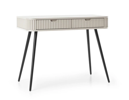 Konsola Zoya beżowa z szufladami stylowa oraz funkcjonalna toaletka zaoblony kształt bryły ryflowane fronty szuflad metalowe nogi