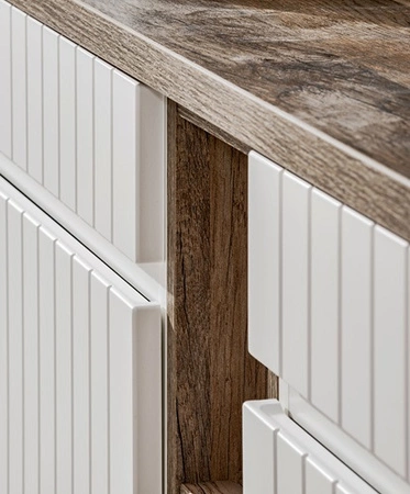 Zestaw mebli łazienkowych Iconic biały / dąb vintage zestaw mebli z szafkami pod umywalki nablatowe odporne na działanie wilgoci