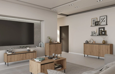 Komoda Osaka 149 cm dąb evoke / czarny minimalistyczny design doskonała propozycja komody do salonu i sypialni gustowny ryflowany front