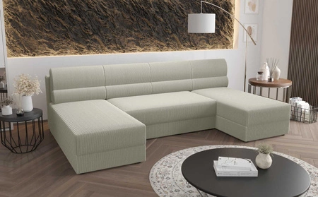 Narożnik z funkcją spania Fogu U kość słoniowa komfortowy i stylowy narożnik o prostym designie sztruksowa tkanina pojemnik na pościel