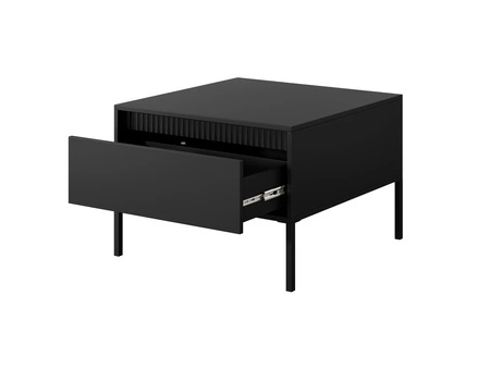 Stolik kawowy Sesti czarny elegancki design stolik z pojemną szufladą osadzony na metalowej podstawie ozdobne ryflowanie