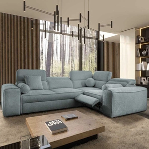 Narożnik z funkcją spania Viano II Lux szary błękit prawostronny designerski narożnik do salonu z komfortowym wysuwanym podnóżkiem