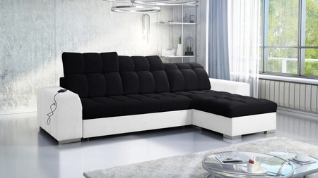 Narożnik z funkcją spania Luigi czarny / biały prawostronny narożnik z dwoma pojemnikami na pościel tkanina o ciekawej strukturze