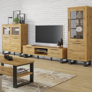 Zestaw mebli do salonu Halle dąb wotan stylowy design stabilna metalowa podstawa uchwyty krawędziowe meble w stylu loftowym