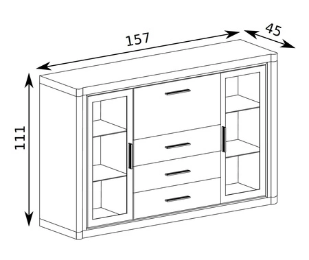 Komoda z szufladami Dallas 157 cm dąb truflowy / czarny elegancka stylistyka mebla wzbogacona o stylowe czarne dodatki przeszklone fronty