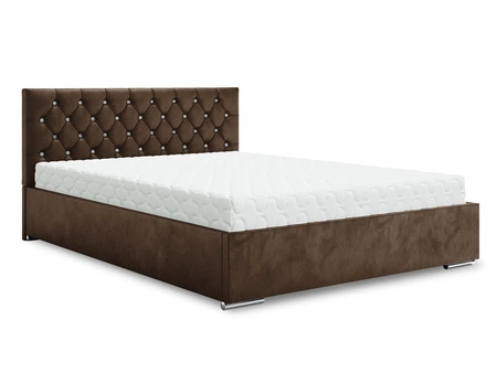 Łóżko tapicerowane Bauru 160x200 jasny brąz z pojemnikiem w nowoczesnym skandynawskim stylu z pikowanym zagłówkiem z kryształkami