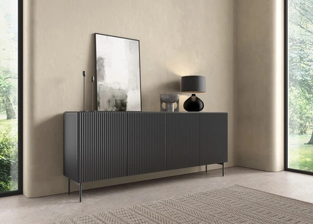 Komoda Muti 195 cm czarna nowoczesna komoda o prostym kształcie oryginalny design efektowne ryflowanie na frontach i korpusie