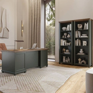 Zestaw mebli Evora butelkowa zieleń / dąb lefkas gustowna stylistyka zachwyci miłośników wyrazistych wnętrz do gabinetu lub biura