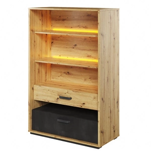 Regał Qubic 90 cm dąb artisan / raw steel designerski i stylowy regał z oświetleniem i pojemnymi szufladami oryginalna kolorystyka