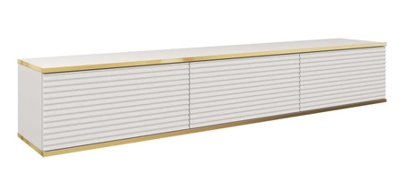 Szafka RTV wisząca Luxury 175 cm biała stylowy ryflowany front korpus zwieńczony złotą listwą zachwyci miłośników eleganckich aranżacji