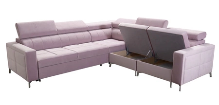 Narożnik z funkcją spania Nausa IV bordowy prawostronny velvet dekoracyjne przeszycia na siedzisku narożnik z pojemnikami na pościel