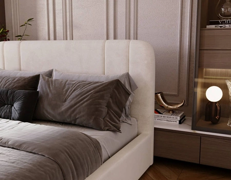 Łóżko tapicerowane Apis 180x200 beżowe stylowe łóżko z pojemnikiem na pościel wygodny zagłówek zachwyca eleganckim designem