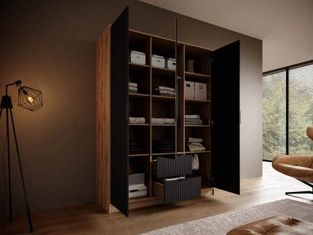 Szafa z lustrem Norel 150 cm dąb artisan / czarny stylowa szafa o nowoczesnym designie z ryflowanymi frontami i pojemnymi szufladami