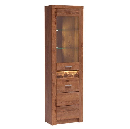 Witryna narożna Indiana 56 cm jesion jasny stylowa witryna do salonu elementy z bezpiecznego szkła ozdobna deska na froncie witryny oświetlona LED