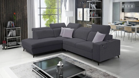 Narożnik z funkcją spania Kelly Sleek VII grafitowy lewostronny pleciony komfortowy i funkcjonalny narożnik rozkładany do salonu
