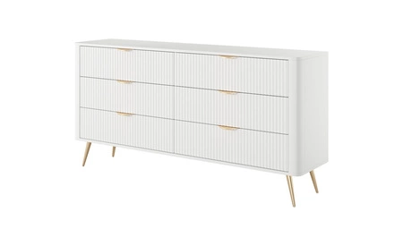 Komoda z szufladami Lante 163 cm biała elegancki design owalny kształt komody osadzona na wysokich nogach gustowny ryflowany front