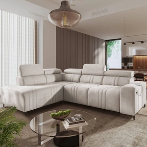 Narożnik z funkcją spania Castel VII beżowy lewostronny stylowy narożnik z pojemnikiem na pościel i regulowanymi zagłówkami