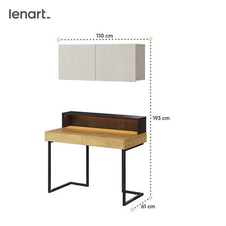 Biurko z nadstawką i szafką wiszącą Teen Flex 110 cm hikora naturalna / silk flou / raw steel nowoczesny design i duża funkcjonalność