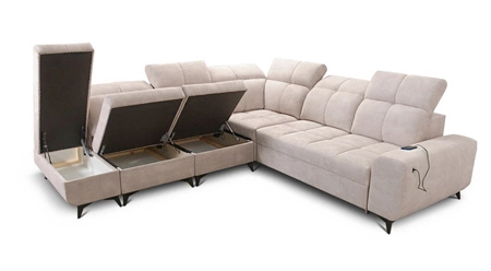 Narożnik z funkcją spania Buffalo IX miodowy lewostronny stylowy narożnik do pokoju wykonany z welurowej tkaniny ozdobne poduszki