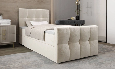 Łóżko kontynentalne Manhattan 90x200 beżowe w nowoczesnym skandynawskim stylu z tapicerowanym zagłówkiem i zanóżkiem łóżko z pojemnikiem